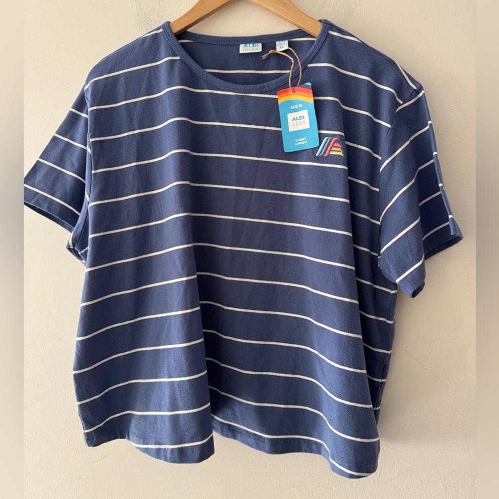 NEW!! ALDI Adorable‎ Blue and White Stripe Tee Embroidered Rainbow Logo